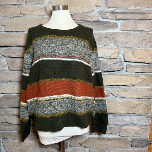 Skies Are Blue Women’s XL Sweater Green Rust Mustard Striped Pullover Knit - Picture 1 of 8